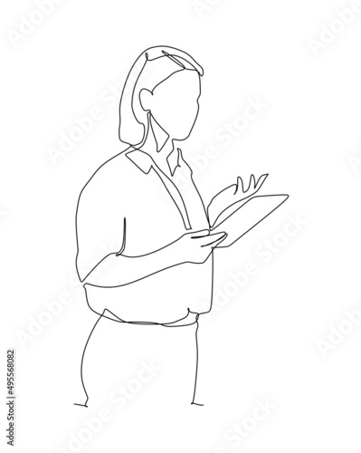 continuous line drawing of standing woman reading book