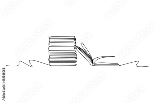 Simple single line drawing of books on the table. Line art design for educational concept