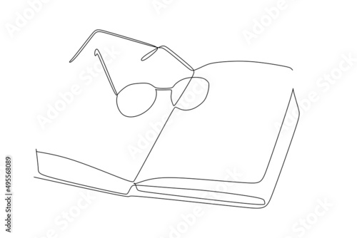 Simple single line drawing of book and eye glasses on the table. Line art design for educational concept