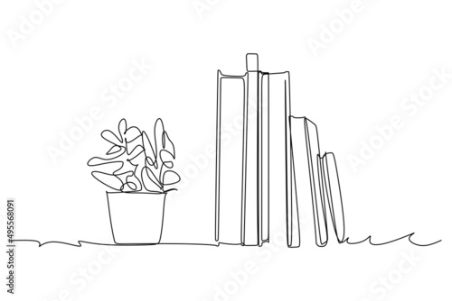 continuous single line book and plant on the table drawing.  Line art drawing with abstract shape. Plant Art design for print, cover, wallpaper