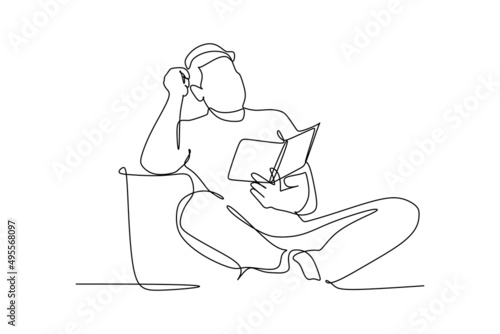 single line drawing of a man reads a book. Hand drawn style illustration for education concept. simple modern drwaing