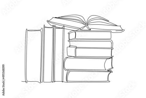 Continuous one line drawing of an opened book on a stack of books. Vector illustration for education supplies back to school theme or concept