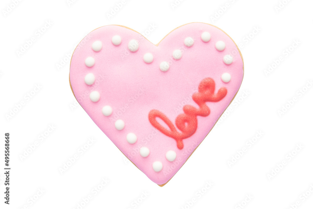 Pink Heart Shaped Cookie with Royal Icing Isolated on White Background Pink Heart Shaped Cookie with Royal Icing Isolated on White Background