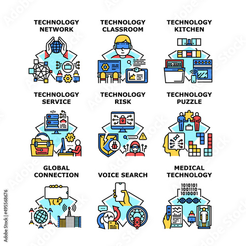 Technology Service Set Icons Vector Illustrations. Technology Service And Risk, Network And Connection, Medical Electronic Equipment And Puzzle, Classroom And Kitchen Color Illustrations