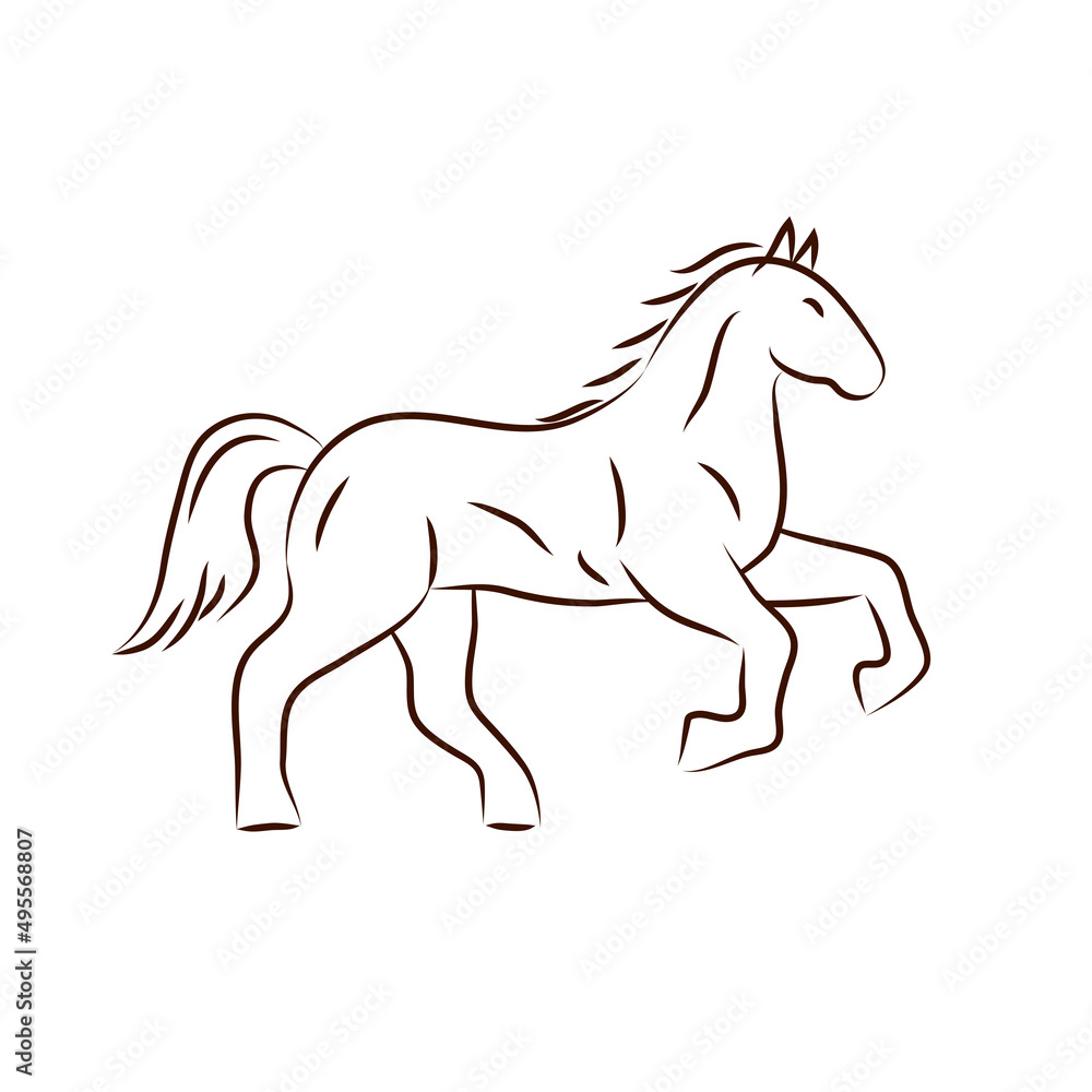 Abstract line drawing of a horse. Logo of a horse standing on two hooves. Image of a mare. Isolated on white background. Vector graphics