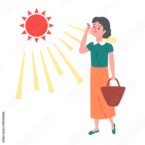 日射しが眩しい女性のイラスト