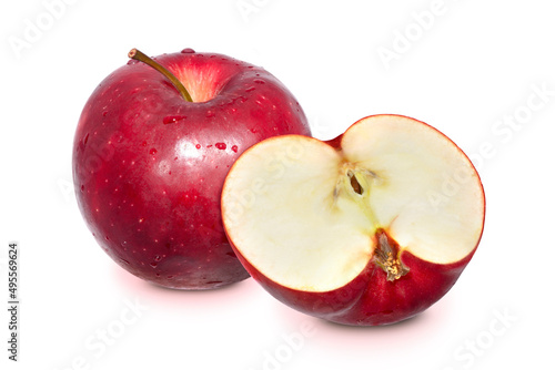 Whole ripe red apple and half cut isolated on white background. Clipping path.	
