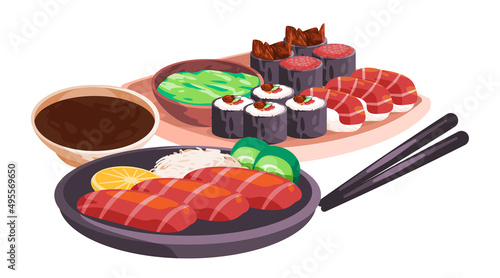 Sushi sashimi tunasalmon set traditional Japanese asian food drawing illustration