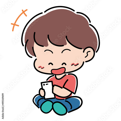 スマホを触る幼児のファンシーイラスト