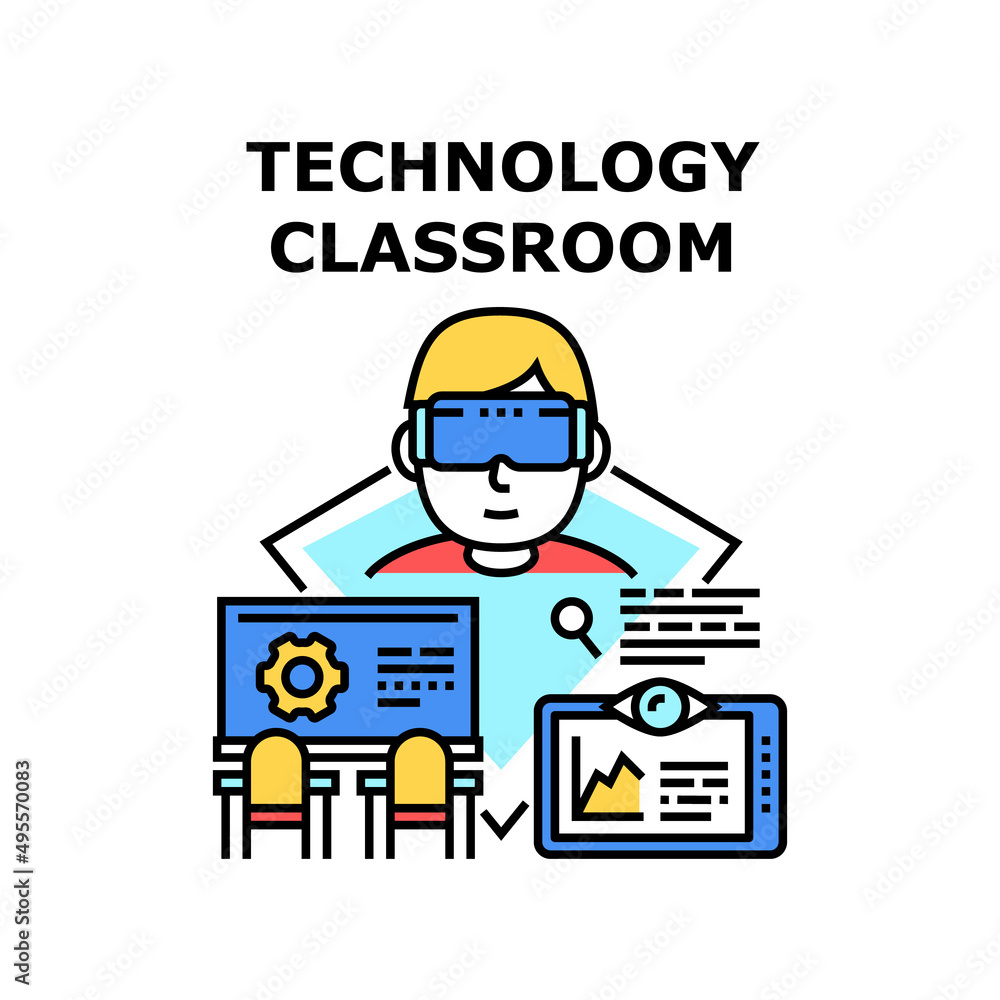 Technology Classroom Vector Icon Concept. Technology Classroom For Learning And Studying Computer Software, Pupil Using Vr Glasses For Education And Entertainment Color Illustration