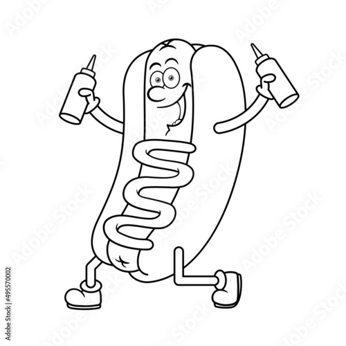 Hotdog Cartoon Character holding Sauce Bottles Outline
