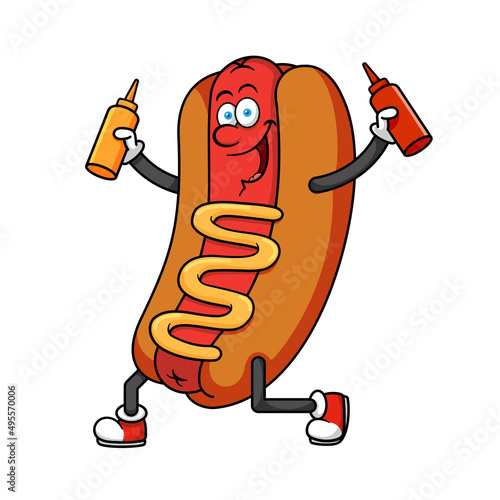 Hotdog Cartoon Character Holding Sauce Bottles