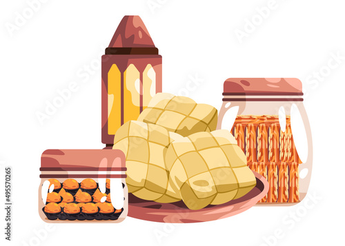 Ketupat and cookies cheese stick Indonesia food festival during Lebaran Ied Islam celebration feast menu