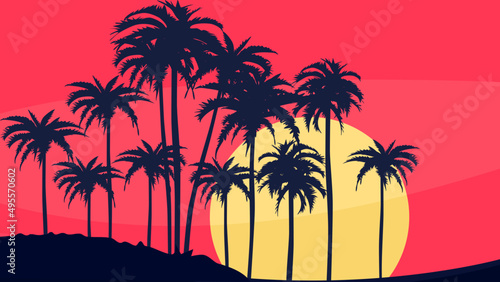 evening on a beach with palm trees. Colorful pictures for summer vacations