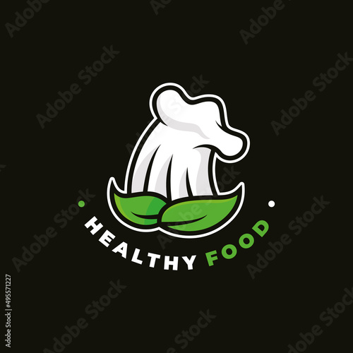 Healthy food logo with leaf and chef hat