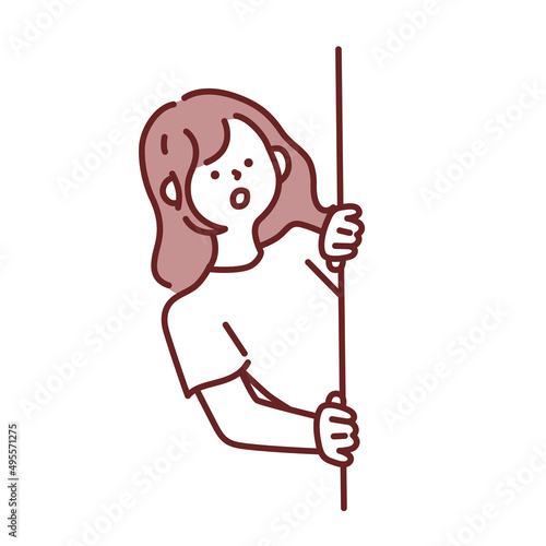 覗く、驚く女性のイラスト(迷う、疑問、好奇心、悩む、想像、心配) An illustration of a surprising woman peeping into it.Disturbed, questioned, curious, troubled, imagined, worried.