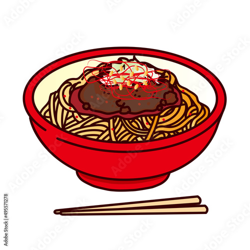 坦々麺のイラスト(料理、辛い、ラーメン、中華、中国料理、丼) Illustration of flat noodles.Food, spicy, ramen, Chinese, Chinese food, rice bowl. photo