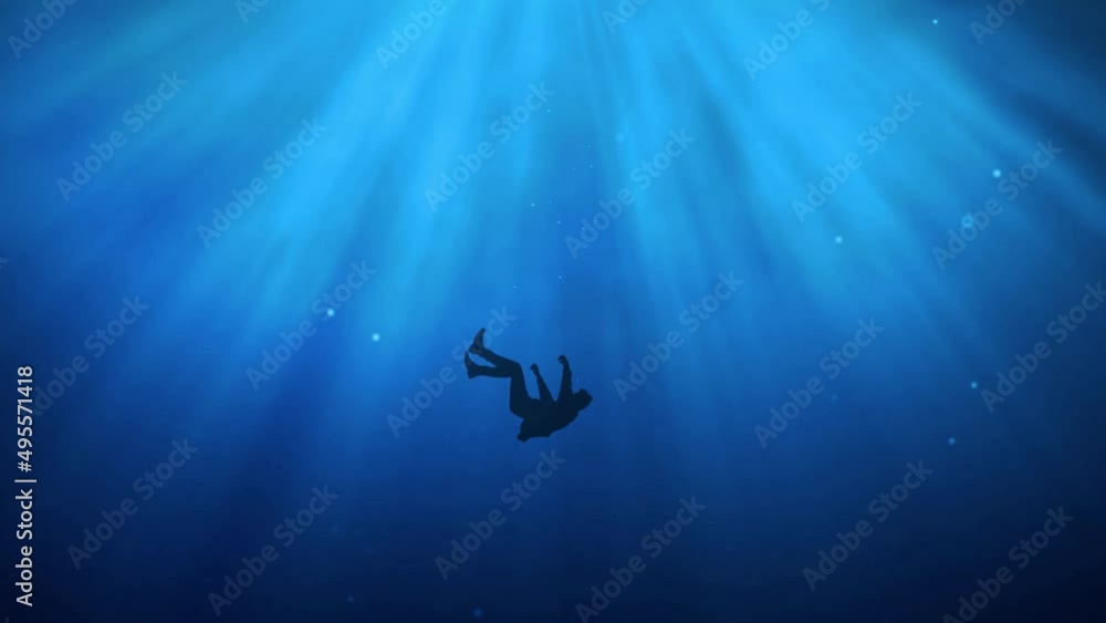 Drowned Swimmer Underwater in Deep Ocean. Dramatic Scene of Person