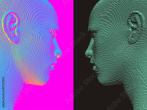 Two opponents facing each other. Conflict. People talk face to face. The concept of rivalry. Voxel art. 3D vector Illustration for advertising, presentation, banner, poster, cover or brochure.