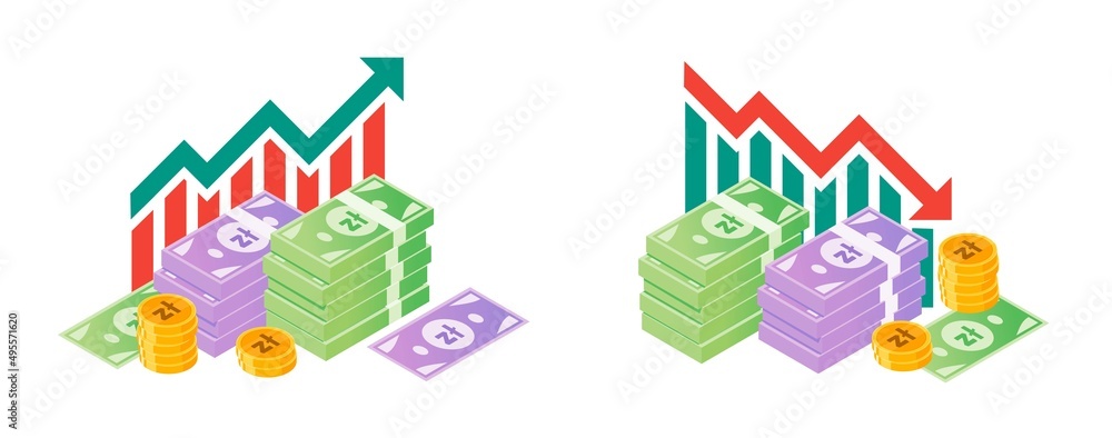 Polish Zloty Fluctuation with Money Bundle Illustrations