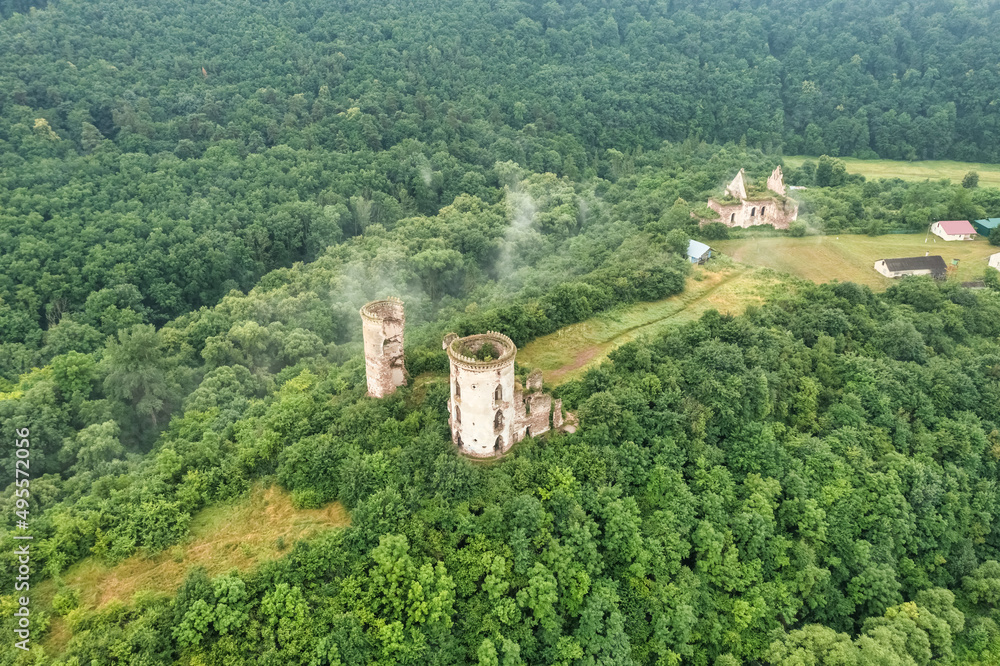 Aerial view of the ruins of the ancient castle Chervonogorod, near the town of Zalishchyky, Ternopil province Ukraine.