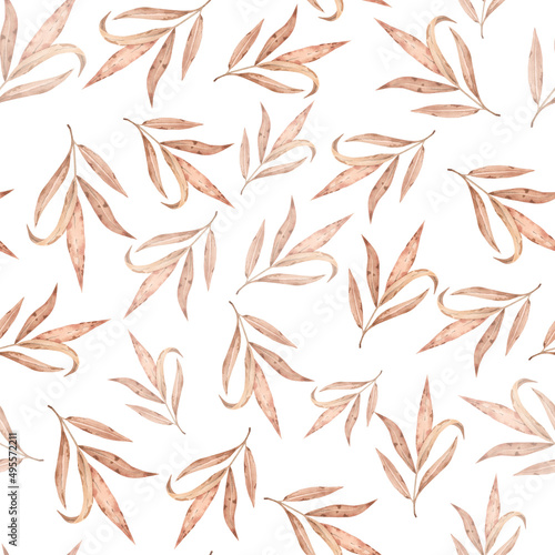 Watercolor seamless pattern of a yellowed leaf branch  on a white background
