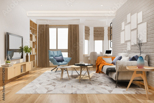 3d rendering loft scandinavian living room with working table and bookshelf
