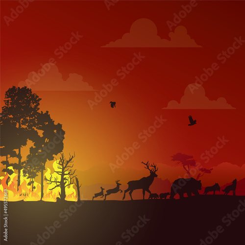 Wildfire silhouettes background  Forest fire vector