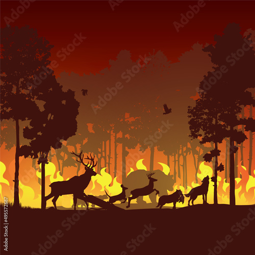 Wildfire silhouettes background, Forest fire vector