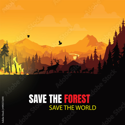 Wildfire silhouettes background, Forest fire vector