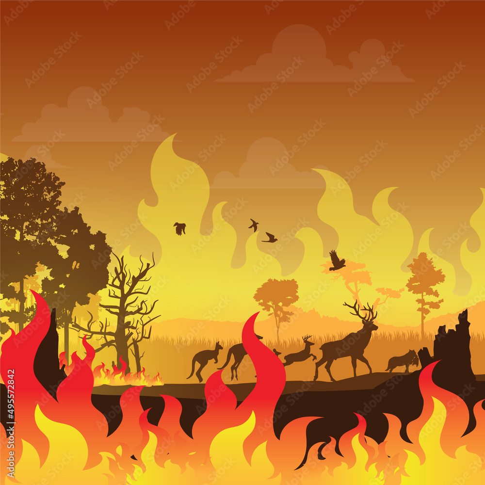 Wildfire silhouettes background, Forest fire vector
