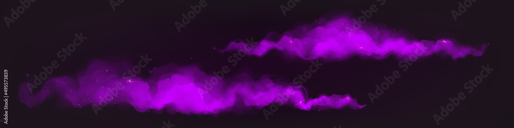 Purple magic dust trails with sparkles and glitter. Horizontal powder cloud tracks, Holi paints, violet color mysterious haze splashes on black background, Realistic design 3d vector illustration - obrazy, fototapety, plakaty 