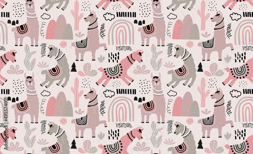 Seamless pattern with llama, cactus and hand drawn elements.
