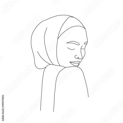 Linear arab woman in hijab. Contemporary minimalist female portrait with closed eyes. Hand drawn outline female silhouette. Vector illustration in one line style. Beauty logo