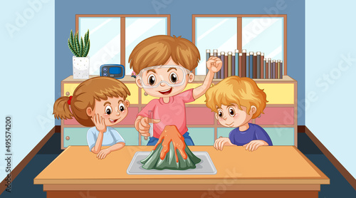 Kids doing science experiments on volcanic eruptions in school