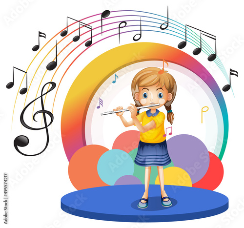 Cute girl playing flute cartoon