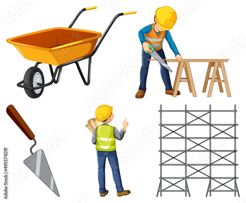 Construction worker set with man and tools