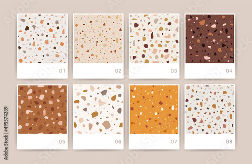 Set of terrazzo seamless patterns. Granite stone texture. Abstract backgrounds for interior design, wallpaper, stoneware, wrapper paper. Vintage vector illustration.