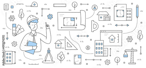 Doodle concept with architect worker holding blueprint. Engineering and architecture job background. Professional engineer in helmet with work tools compass, pencil, crane Line art vector illustration