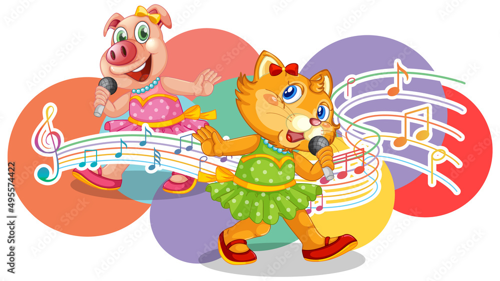 Naklejka premium Singer cat and pig cartoon with music melody symbols