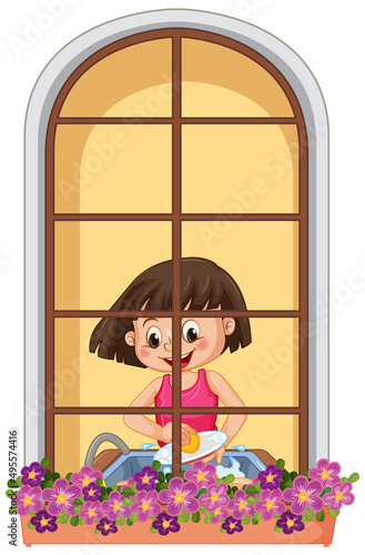 View through the window of a girl cartoon character
