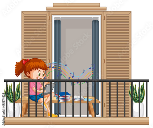 A girl doing homework on the balcony