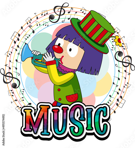 Clown blowing trumpet with music notes on white background
