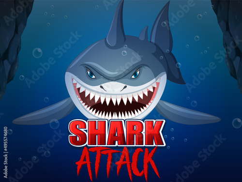 Aggressive shark underwater deep sea background