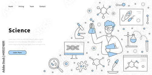 Science banner with man scientist in laboratory. Vector landing page of chemistry, biology, medical research with doodle illustration of chemist with lab flask, microscope and DNA molecule