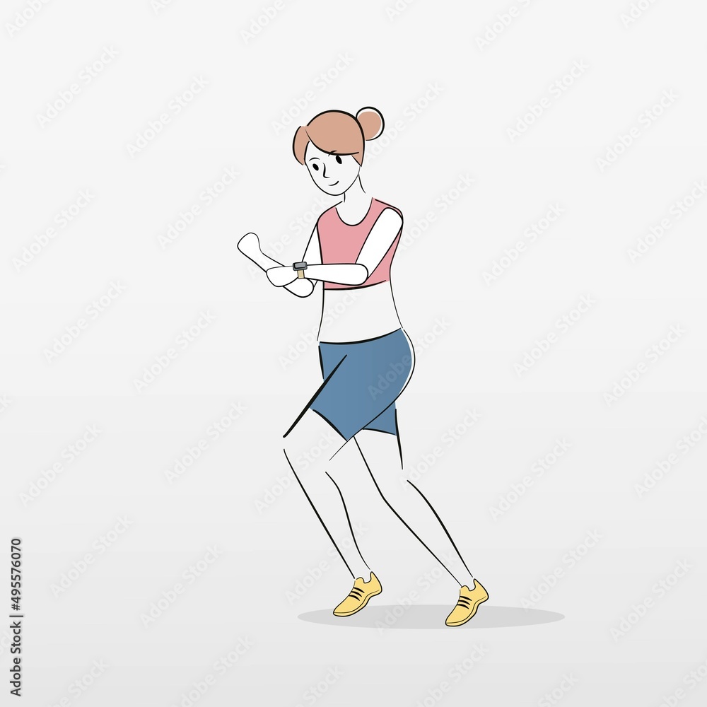 Calculate calories Burn during workout,young runner female exercise in sport wear looking timer and details by Smartwatch,activity Healthy lifestyle,Vector illustration. Calculate calories Burn during workout,young runner female exercise in sport wear looking timer and details by Smartwatch,activity Healthy lifestyle,Vector illustration.