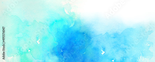 Fotografia, Obraz コピースペースのある爽やかな水色と青色の海をイメージした水彩背景　背景イラスト　テクスチャ素材	海