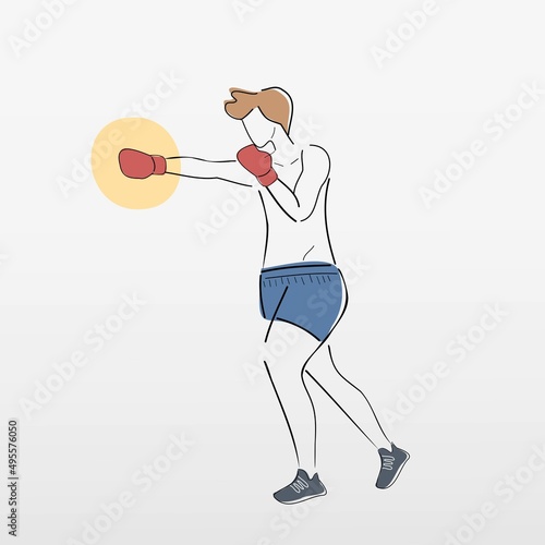 Boxing training for beginner,Full body Weight Loss and Fat Burn Calories workout program,Cardio exercises routine,build muscle,man punched by boxing glove at fitness gym,Outline vector illustration.