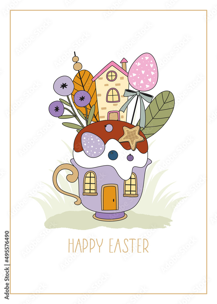 Easter greeting card with a Cup , flowers, eggs. Easter greeting card with a Cup , flowers, eggs.