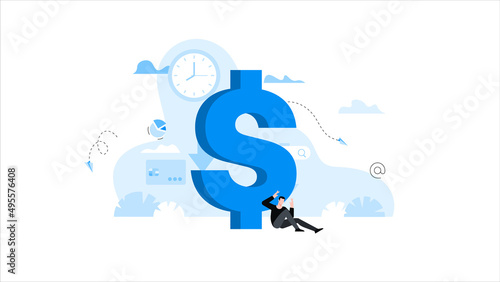 Man sitting clutching his head near large dollar sign. Animation ready duik friendly vector. Conceptual business story. Financial crisis, economic recession, bankruptcy, depression.